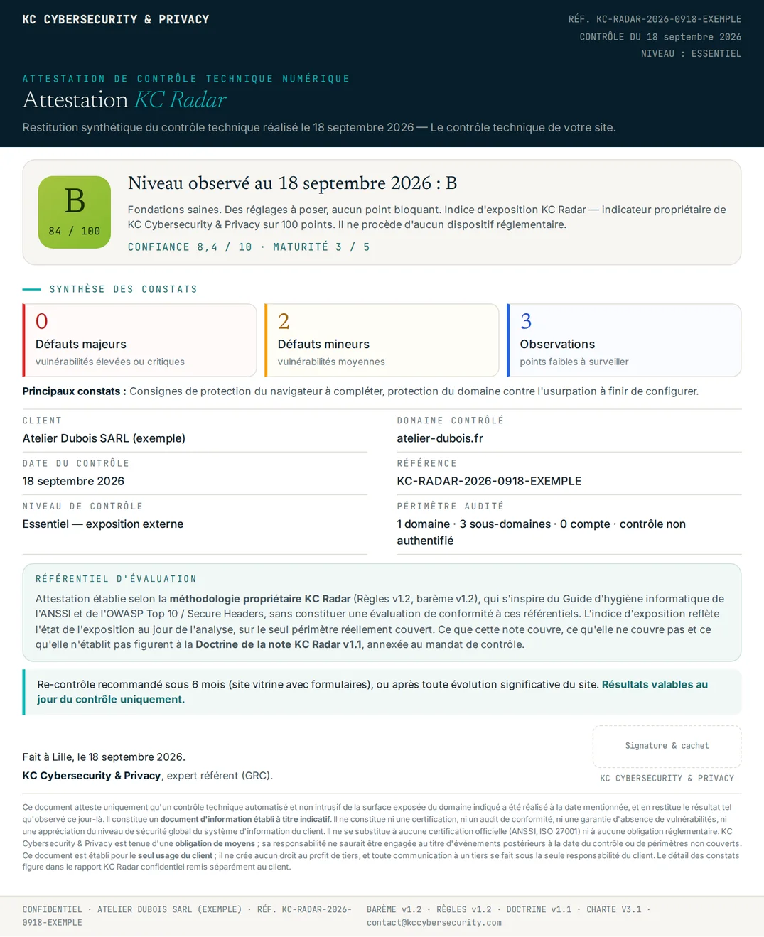 Exemple d'attestation KC Radar